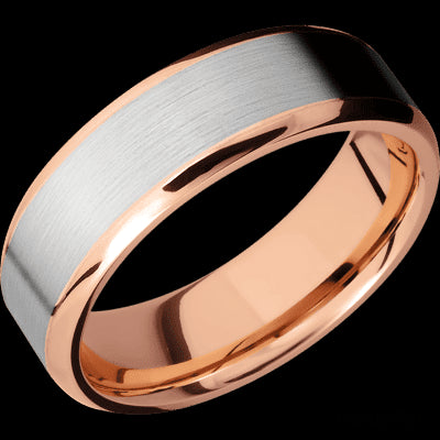 7 mm wide/Beveled/14K Rose Gold band with one 5 mm Centered inlay of 14K White Gold.