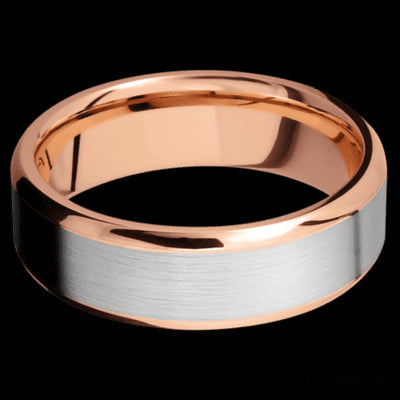 7 mm wide/Beveled/14K Rose Gold band with one 5 mm Centered inlay of 14K White Gold.