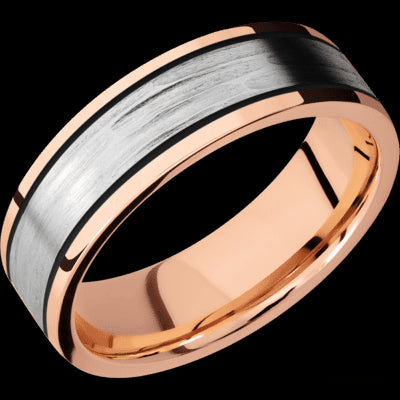 7 mm wide/Flat/14K Rose Gold band with one 4 mm Centered inlay of 14K White Gold.