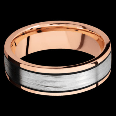 7 mm wide/Flat/14K Rose Gold band with one 4 mm Centered inlay of 14K White Gold.