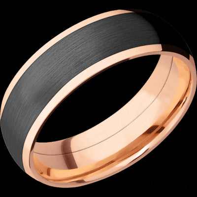 7 mm wide/Domed/14K Rose Gold band with one 5 mm Centered inlay of Zirconium.