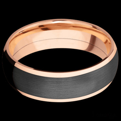 7 mm wide/Domed/14K Rose Gold band with one 5 mm Centered inlay of Zirconium.