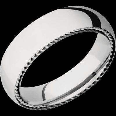 6 mm wide/Domed/14K White Gold band with two 1 mm Sidebraid inlays of 14K White Gold.