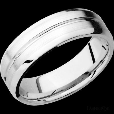 7 mm wide Beveled with Center Accent Groove 14K White Gold band.