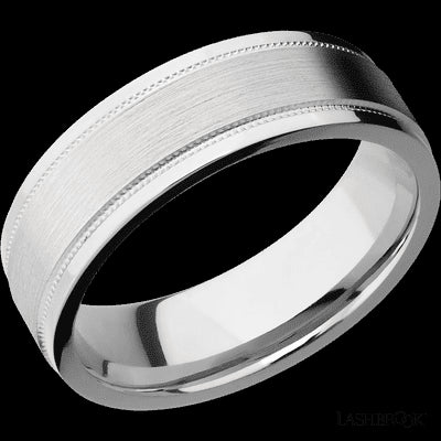 7 mm wide Flat Stepped Edges Milgrain 14K White Gold band.