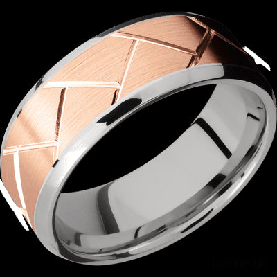 8 mm wide/Beveled/14K White Gold band with one 6 mm Centered inlay of 14K Rose Gold with a machined Flatweave pattern.