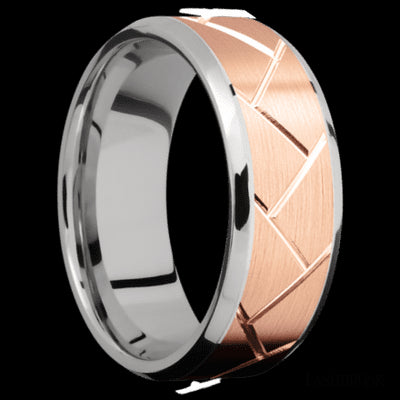 8 mm wide/Beveled/14K White Gold band with one 6 mm Centered inlay of 14K Rose Gold with a machined Flatweave pattern.