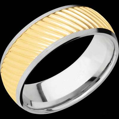 8 mm wide/Domed/14K White Gold band with one 6 mm Centered inlay of 14K Yellow Gold with a machined Ripple pattern.