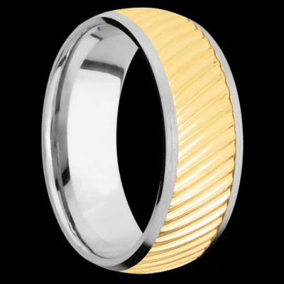 8 mm wide/Domed/14K White Gold band with one 6 mm Centered inlay of 14K Yellow Gold with a machined Ripple pattern.