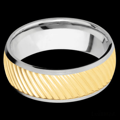 8 mm wide/Domed/14K White Gold band with one 6 mm Centered inlay of 14K Yellow Gold with a machined Ripple pattern.