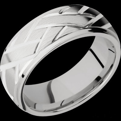 8 mm wide/Domed Stepped Down Edges/14K White Gold band with a machined Lattice pattern.