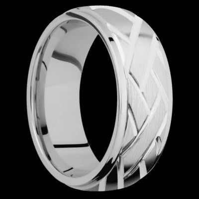 8 mm wide/Domed Stepped Down Edges/14K White Gold band with a machined Lattice pattern.