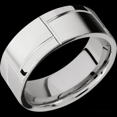 8 mm wide/Flat/14K White Gold band with a machined 3GOCHR pattern.