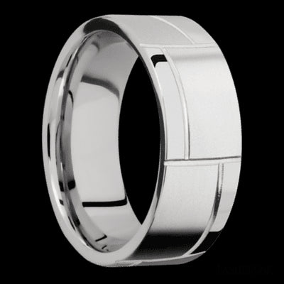 8 mm wide/Flat/14K White Gold band with a machined 3GOCHR pattern.