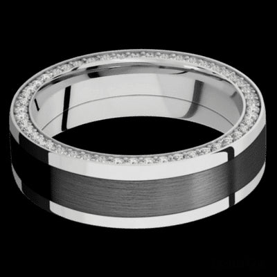 7 mm wide/Flat/14K White Gold band with  one 4 mm Centered inlay of Zirconium and featuring a Side Eternity arrangement of .01 carat Round Diamond stones in a Bead Channel setting