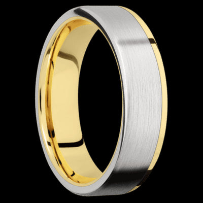 6 mm wide/Flat/14K Yellow Gold band with one 5 mm Off Center Edge inlay of Cobalt Chrome.