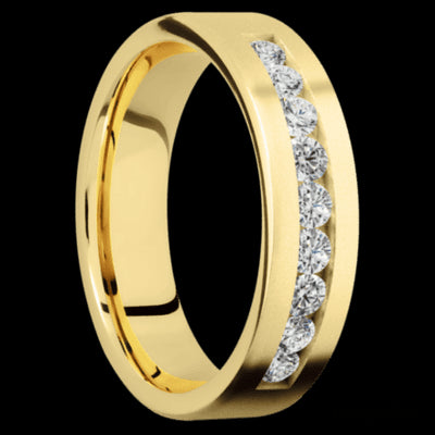 6 mm wide/Flat/14K Yellow Gold band with an  arrangement of 9, .07 carat Round Diamond stones in a Channel setting.