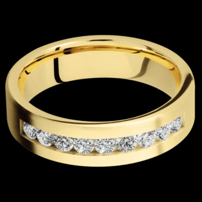 6 mm wide/Flat/14K Yellow Gold band with an  arrangement of 9, .07 carat Round Diamond stones in a Channel setting.