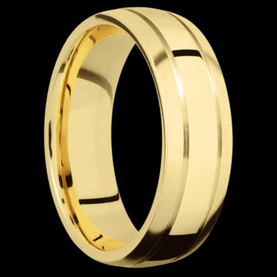 7 mm wide Domed with two accent grooves 14K Yellow Gold band.