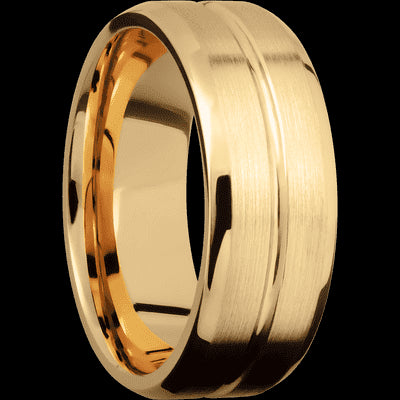 8 mm wide Beveled with Center Accent Groove 14K Yellow Gold band.