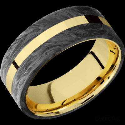 8 mm wide/Flat/14K Yellow Gold band with two 3 mm Double Off Center Edge inlays of Forged Carbon Fiber.