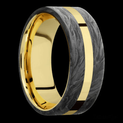 8 mm wide/Flat/14K Yellow Gold band with two 3 mm Double Off Center Edge inlays of Forged Carbon Fiber.