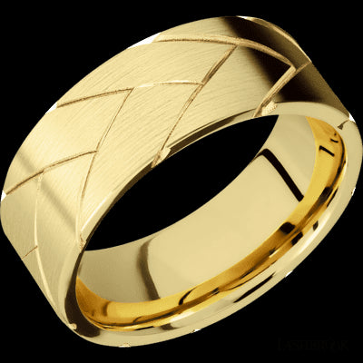 8 mm wide/Flat/14K Yellow Gold band with a machined Flatbraid pattern.