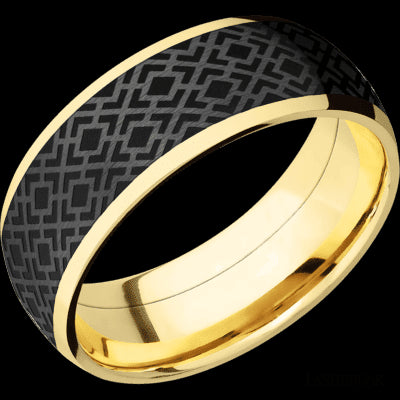 8 mm wide/Domed/14K Yellow Gold band with one 6 mm Centered inlay of Zirconium with a laser carved Trellis 2 pattern.