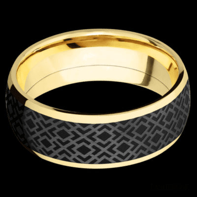 8 mm wide/Domed/14K Yellow Gold band with one 6 mm Centered inlay of Zirconium with a laser carved Trellis 2 pattern.