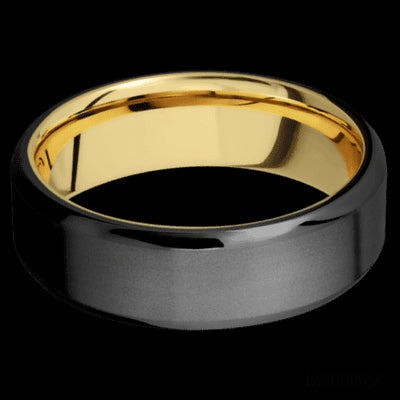 7 mm wide Beveled Zirconium band featuring a 14K Yellow Gold sleeve.