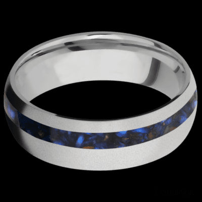 7 mm wide/Domed/Titanium band with one 2 mm Off Center inlay of Blue Tiger Eye.