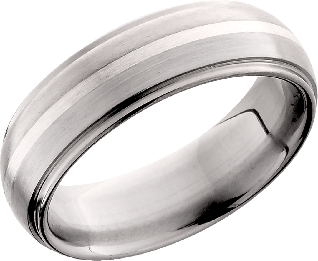 Titanium 7mm domed band with grooved edges and an inlay of sterling silver