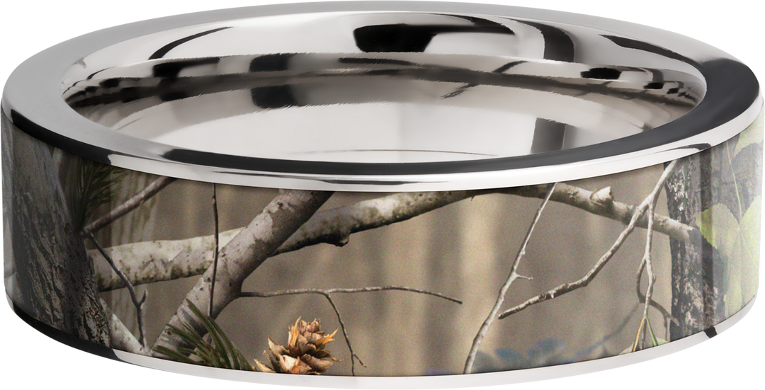 Titanium 7mm flat band with a 6mm inlay of Real Tree APG Camo