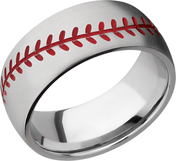 Titanium 8mm domed band with a laser-carved baseball stitching pattern and Cerakote in the pattern recesses