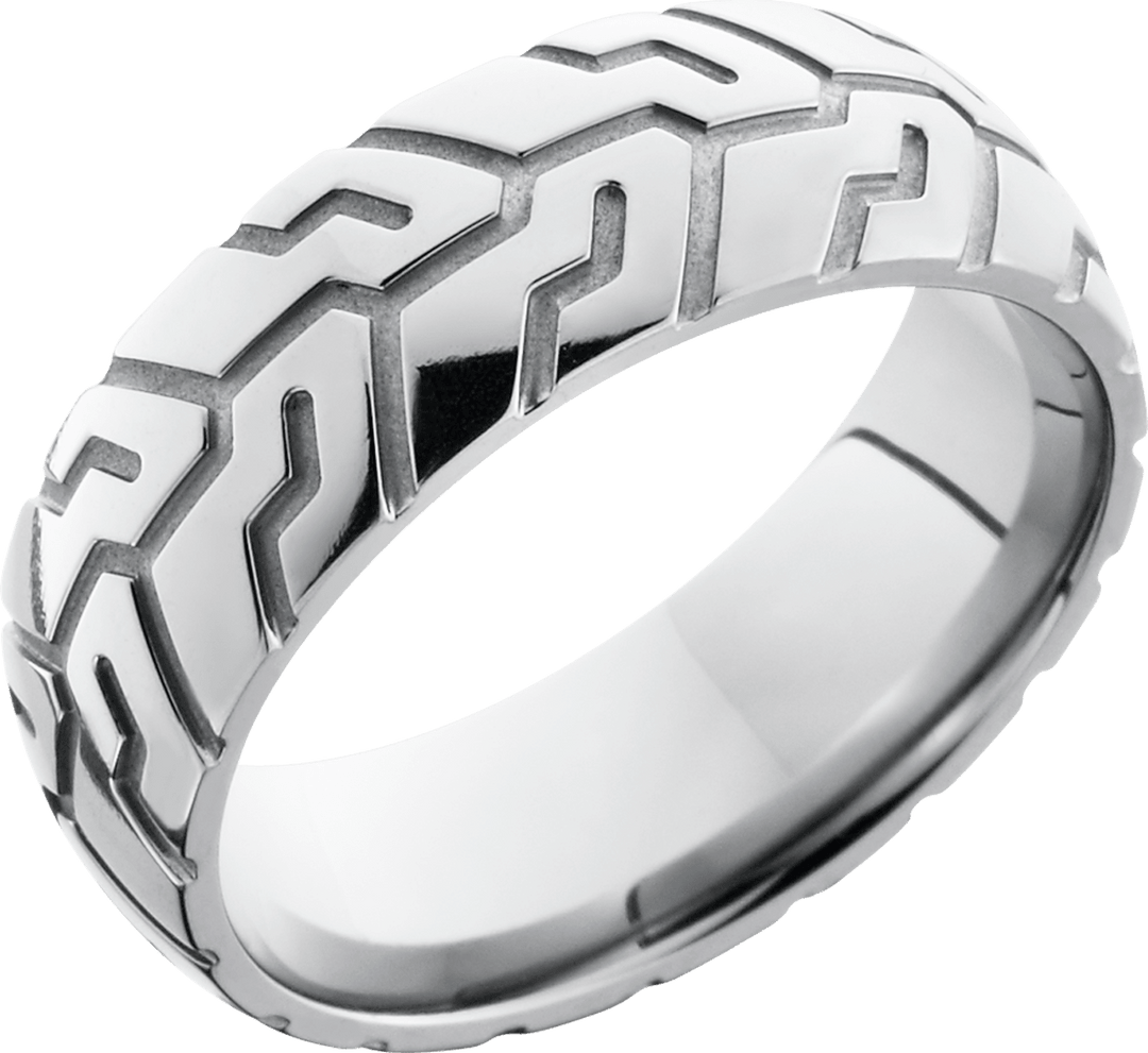 Titanium 8mm domed band with a laser-carved cycle pattern