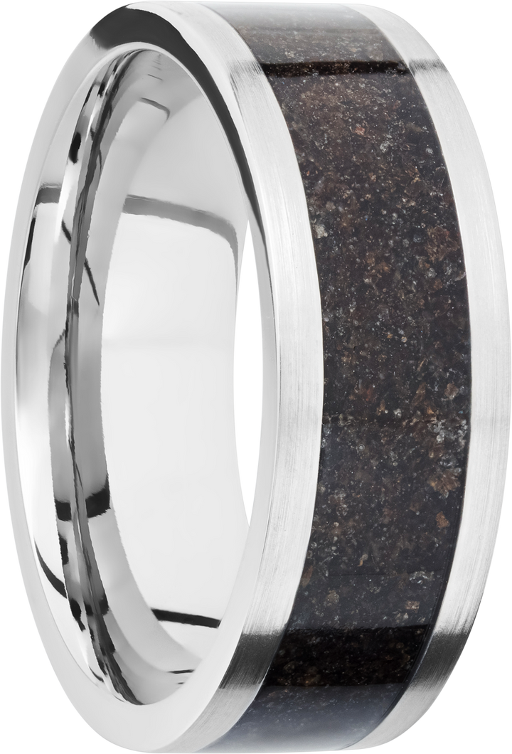 Titanium 8mm flat band with a mosaic inlay of black dinosaur bone