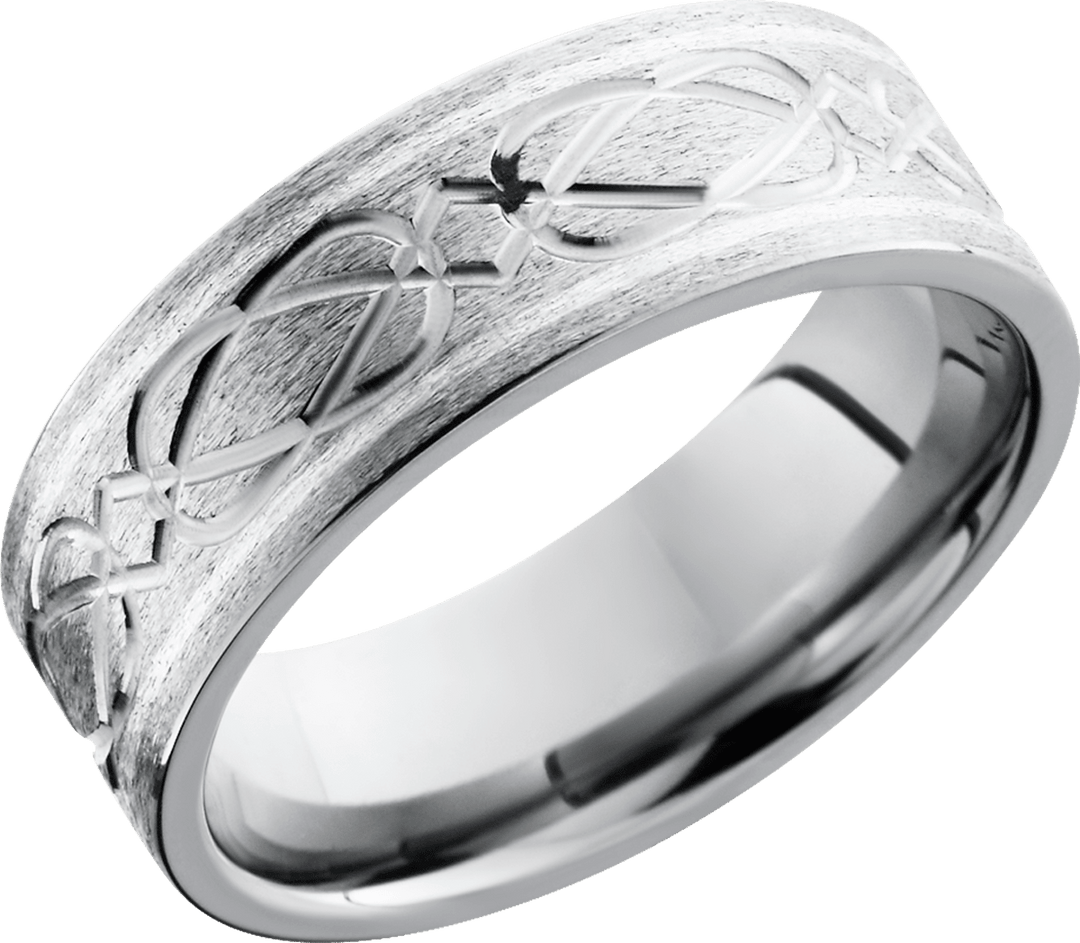 Titanium 8mm flat band with a laser-carved celtic weave pattern in a sterling silver inlay