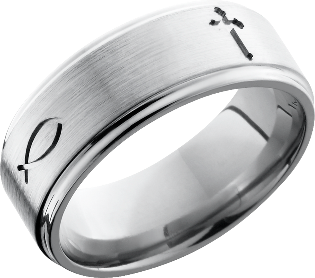 Titanium 8mm flat band with grooved edges and a laser-carved cross pattern