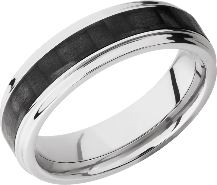 Titanium 6mm flat band with grooved edges and a 3mm inlay of black Carbon Fiber