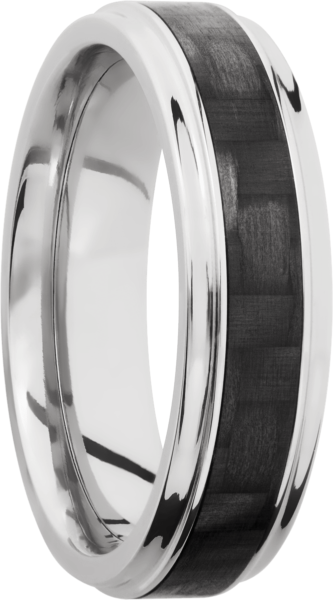 Titanium 6mm flat band with grooved edges and a 3mm inlay of black Carbon Fiber