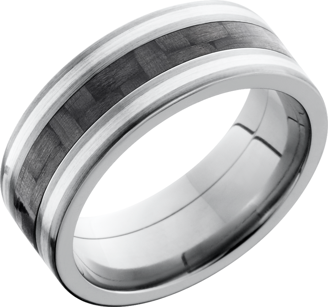 Titanium 8mm flat band with a 3mm inlay of black Carbon Fiber and 2, 1mm inlays of Sterling Silver