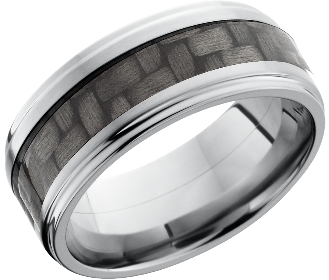 Titanium 9mm flat band with grooved edges and a 4mm inlay of black Carbon Fiber