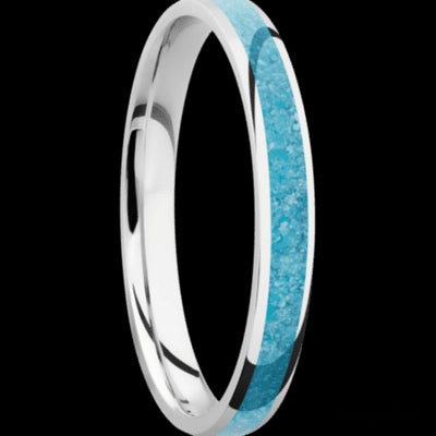 3 mm wide/Domed/Cobalt Chrome band with one 2 mm Centered inlay of Turquoise.