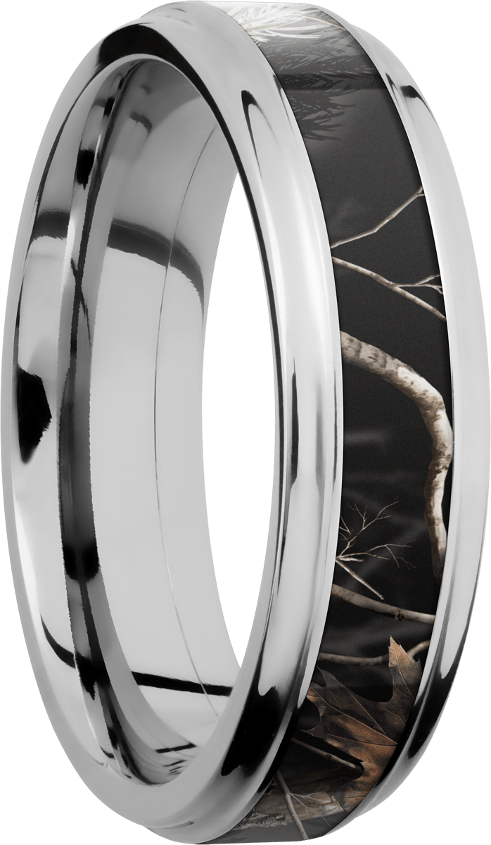 Cobalt chrome 6mm flat band with grooved edges and a 3mm inlay of Realtree APC Black Camo