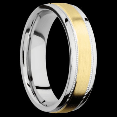 6 mm wide/Flat Stepped Edges Milgrain/Cobalt Chrome band with one 3 mm Raised Centered inlay of 14K Yellow Gold.