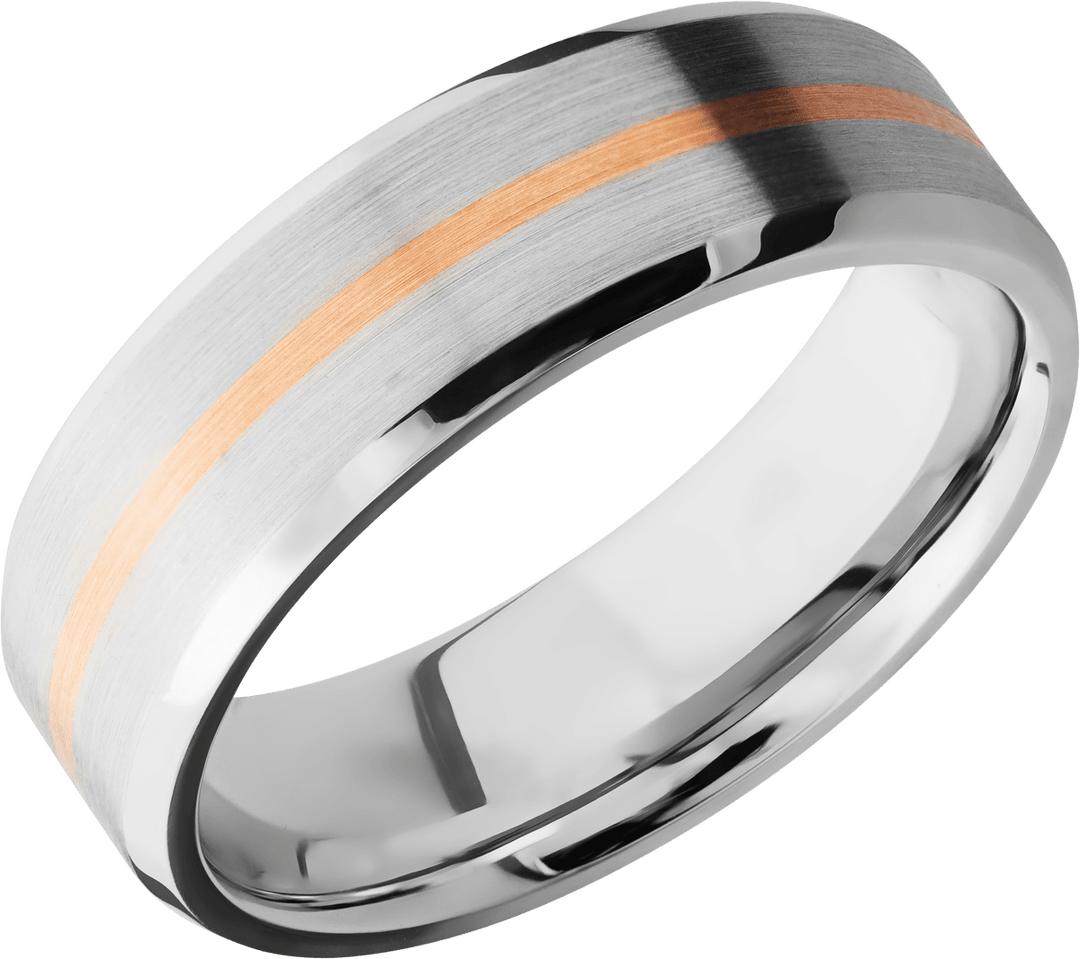 Cobalt chrome 7mm beveled band with 1, 1mm inlay of 14K rose gold