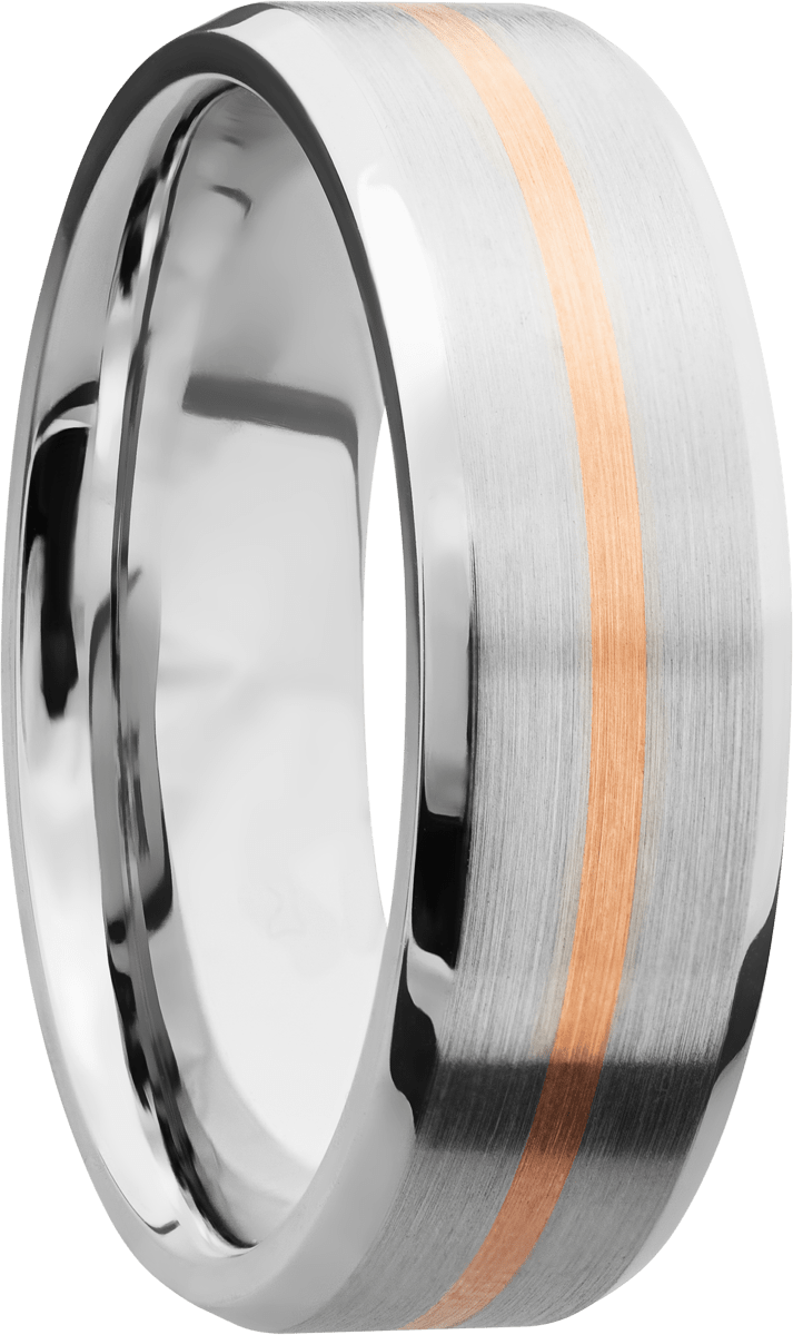 Cobalt chrome 7mm beveled band with 1, 1mm inlay of 14K rose gold