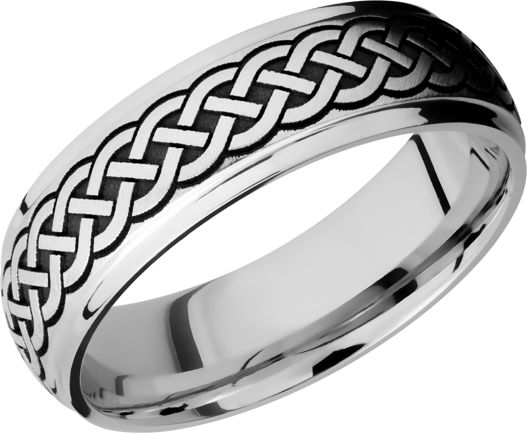 Cobalt chrome 7mm domed band with grooved edges and a laser-carved celtic pattern