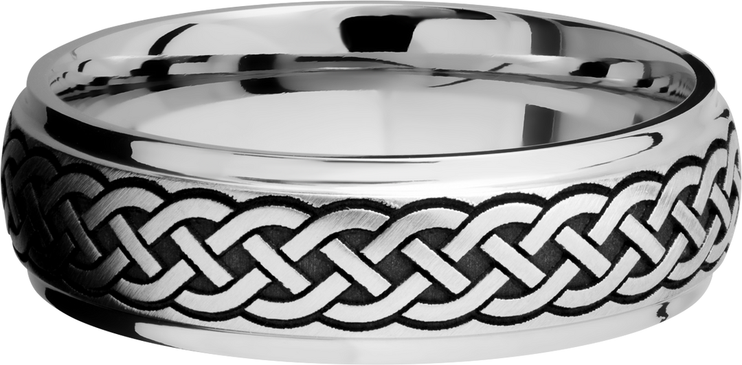 Cobalt chrome 7mm domed band with grooved edges and a laser-carved celtic pattern