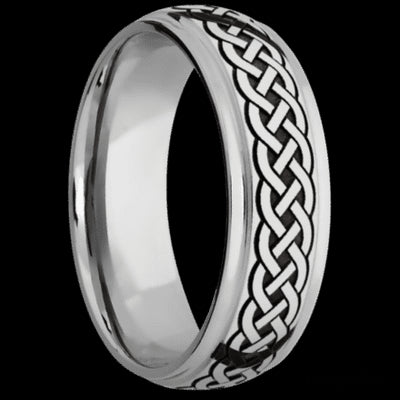 7 mm wide/Domed Stepped Down Edges/Cobalt Chrome band with a laser carved Celtic 9 pattern.